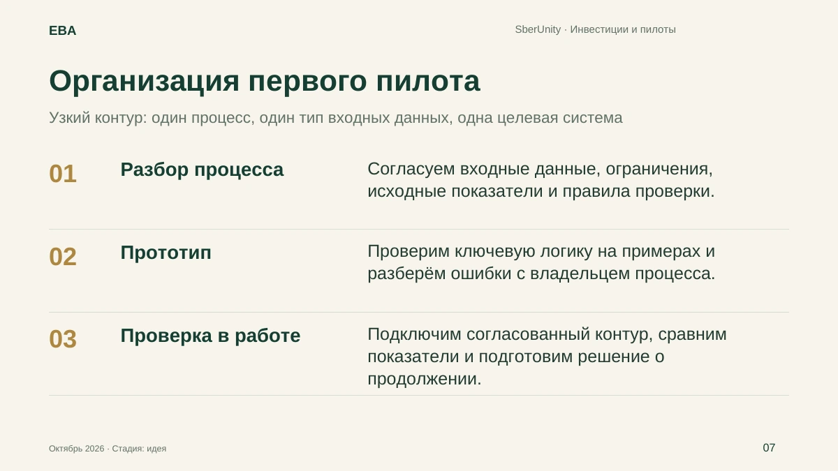 Слайд 7. Организация первого пилота