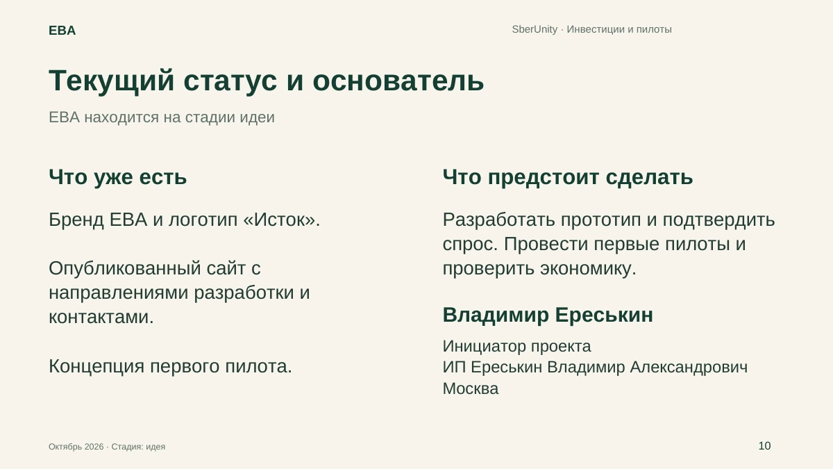 Слайд 10. Текущий статус и основатель